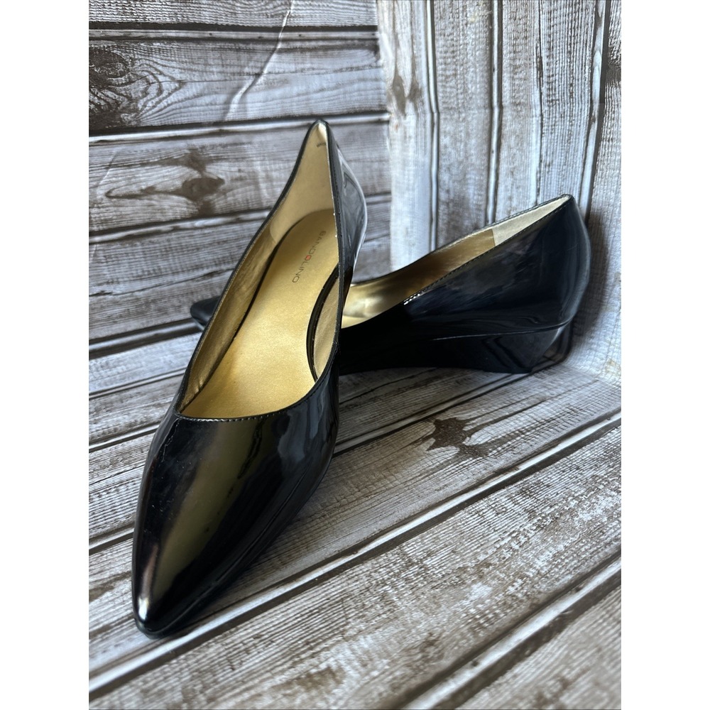 Womens Sz 10m Bandolino Black 2" Wedge Faux Patient Leather Pointed Toe Pumps